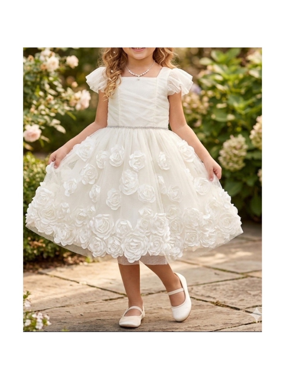 Nannette Ivory Floral Rosette Tulle Dress for Girls